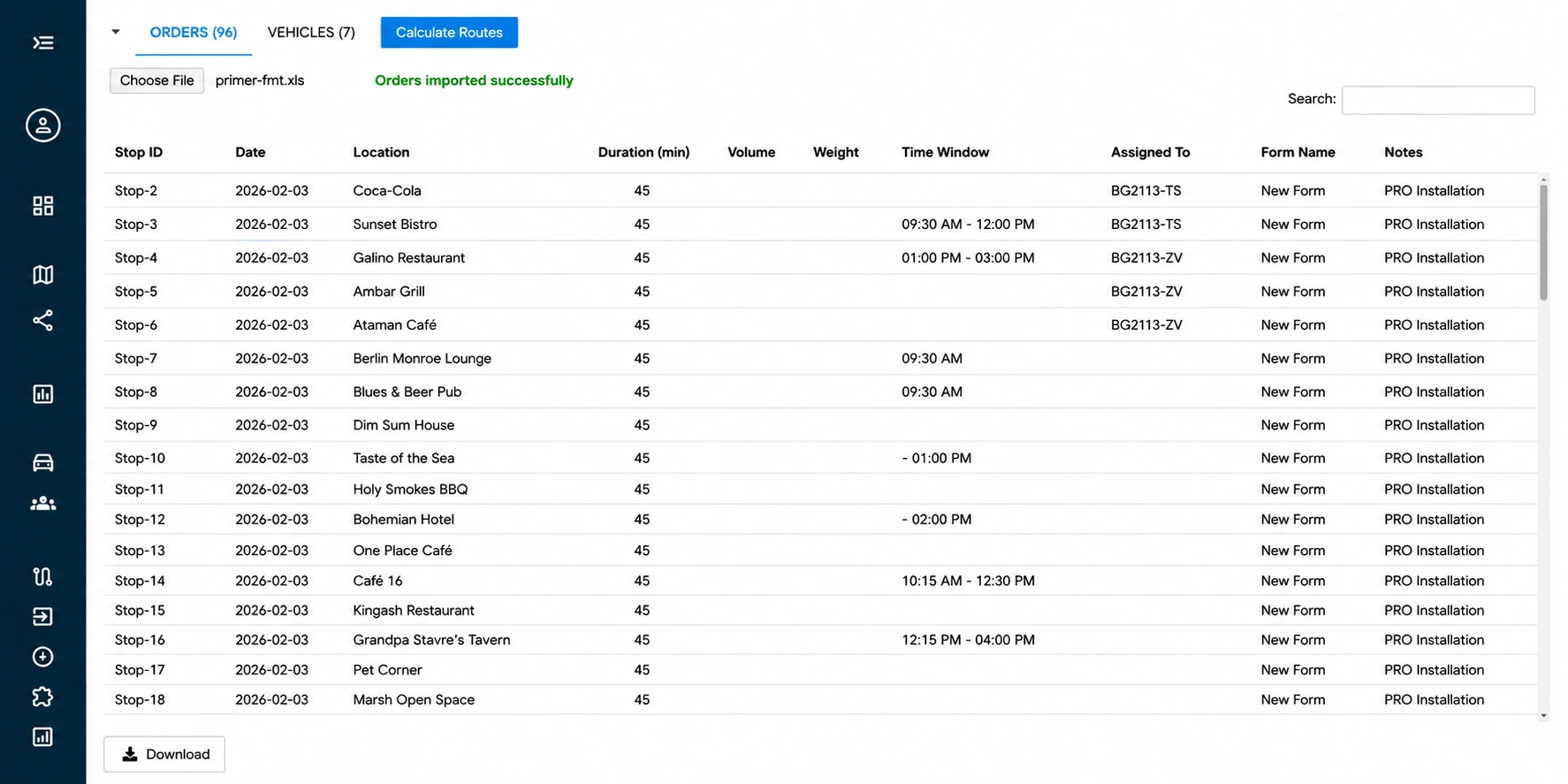 Navixy — Tasks list showing assigned routes per driver after Fleet Routing & Scheduling export