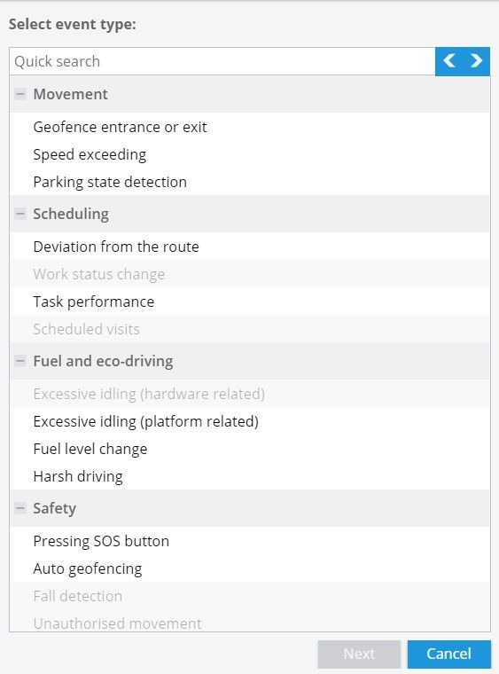 Abridged list of Navixy notifications. SMS notifications are available for any event type.