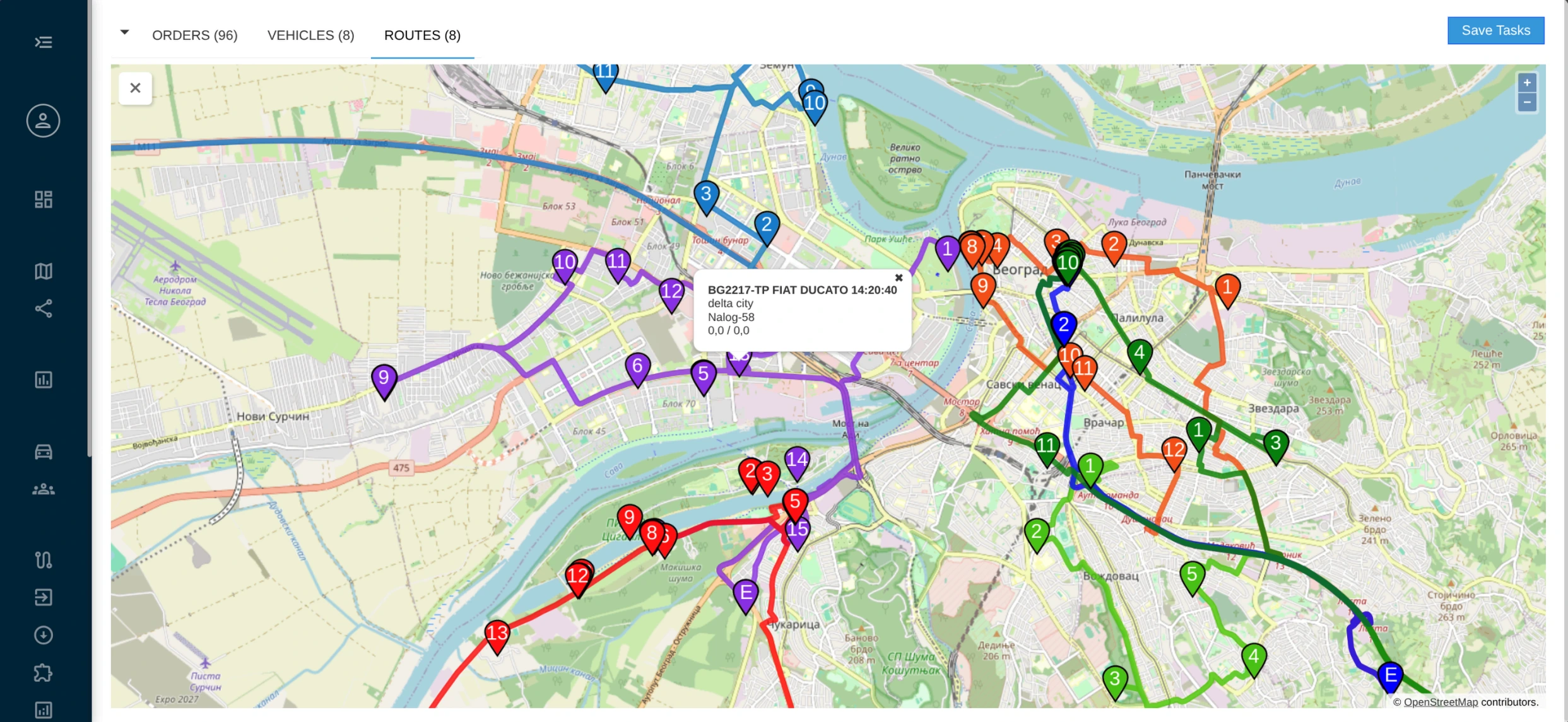 Fleet Routing & Scheduling — Vehicles tab: 7 vehicles configured with capacity, work hours, and start/end depots