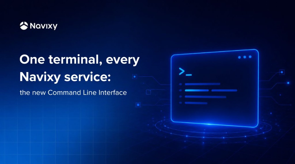 Dark blue illustration of a terminal window with a command prompt, next to the headline 'One terminal, every Navixy service: the new Command Line Interface' and the Navixy logo.