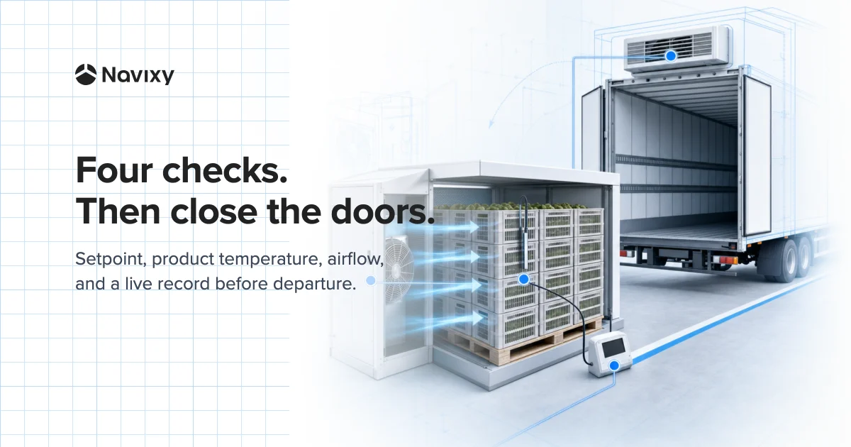 A standalone forced-air plenum pre-cools ventilated produce crates while a refrigerated trailer waits beyond the dock release line; a product probe, clear airflow path, reefer check, and active recorder connect as four release conditions.