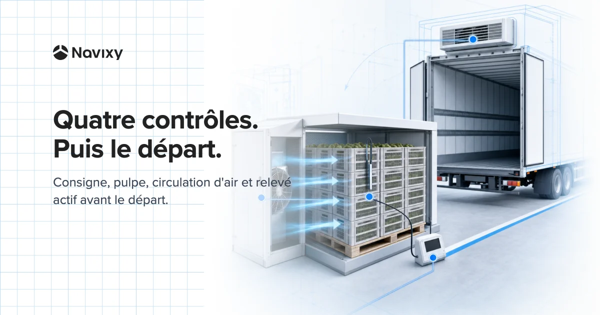 A standalone forced-air plenum pre-cools ventilated produce crates while a refrigerated trailer waits beyond the dock release line; a product probe, clear airflow path, reefer check, and active recorder connect as four release conditions.
