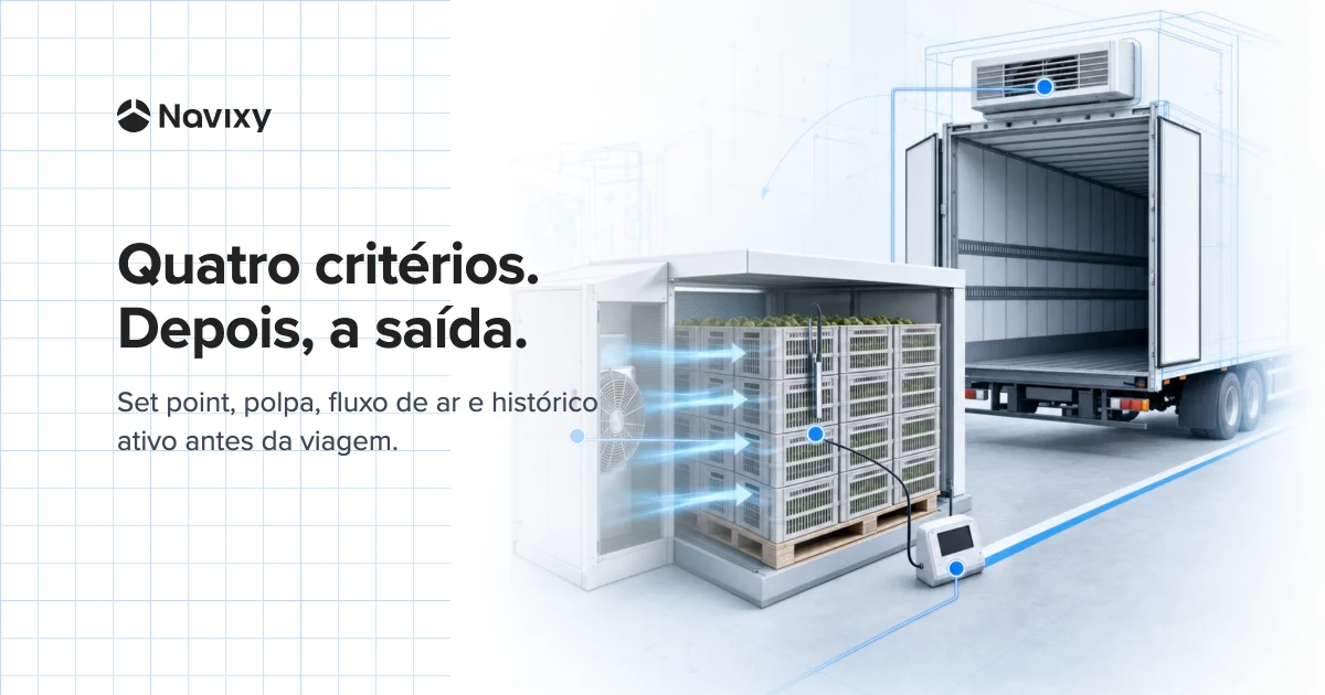 A standalone forced-air plenum pre-cools ventilated produce crates while a refrigerated trailer waits beyond the dock release line; a product probe, clear airflow path, reefer check, and active recorder connect as four release conditions.