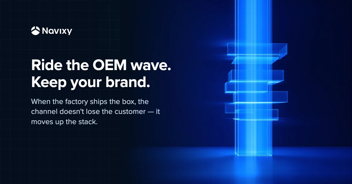 Abstract Navixy graphic: a rising current of azure data lifting layered translucent platform tiers upward over a deep-navy grid, beside the headline 'Ride the OEM wave. Keep your brand.'.