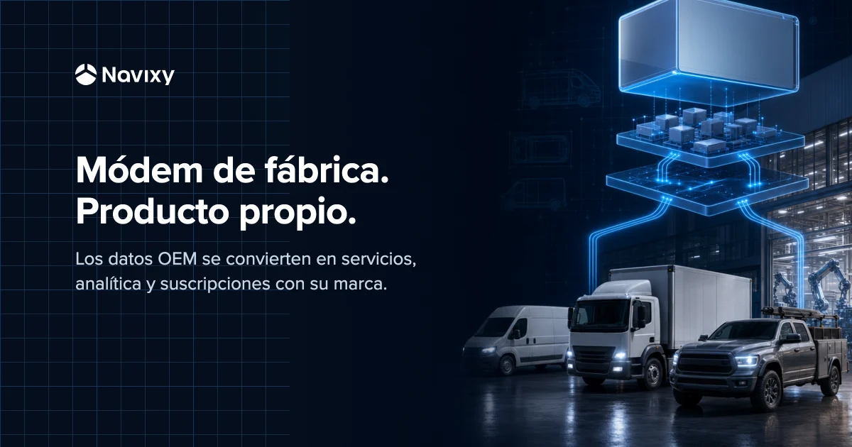 Three factory-connected commercial vehicles feed one modular stack of data ingestion, analytics, automation, and partner-owned digital services.