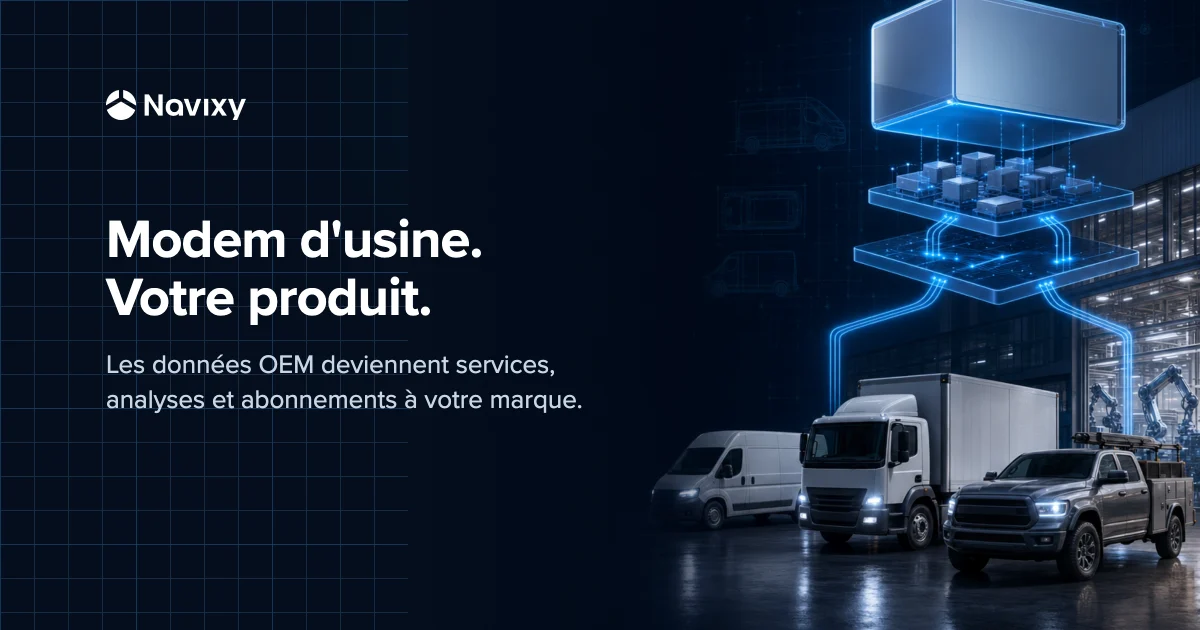 Three factory-connected commercial vehicles feed one modular stack of data ingestion, analytics, automation, and partner-owned digital services.