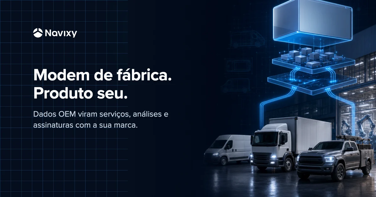 Three factory-connected commercial vehicles feed one modular stack of data ingestion, analytics, automation, and partner-owned digital services.