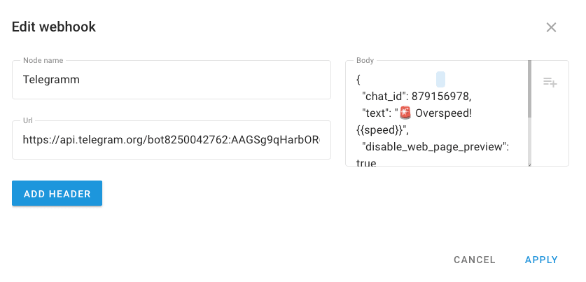 Dialog box for editing a Telegram webhook, showing its name, API URL, and JSON body.