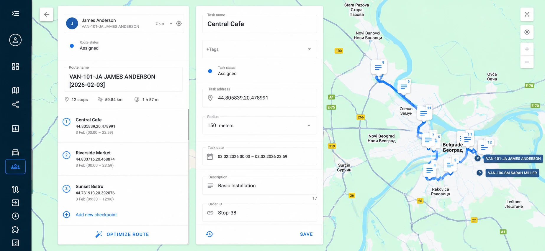Fleet Routing & Scheduling — expanded route for one vehicle with per-stop arrival times and distances