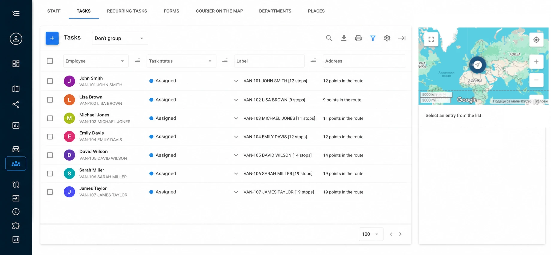 Navixy — individual task detail with address, time window, order ID, and map
