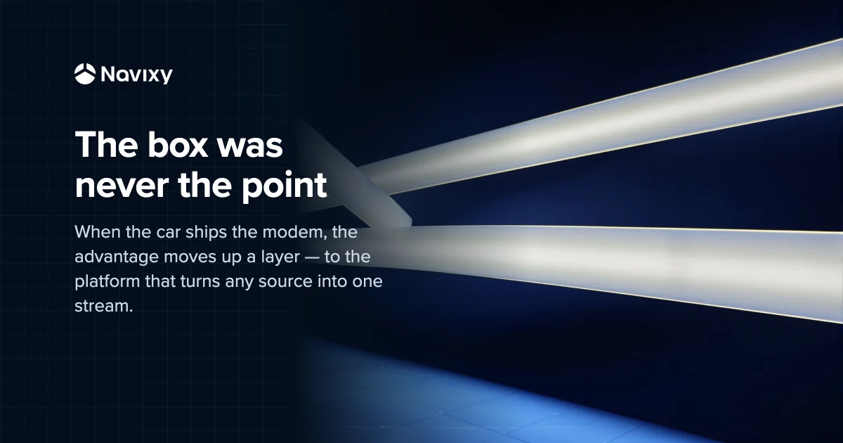 Abstract Navixy telematics graphic: several data conduits — an OEM cloud feed and a vehicle device — converging into one glowing azure stream over a deep-navy grid, beside the headline 'The box was never the point'.