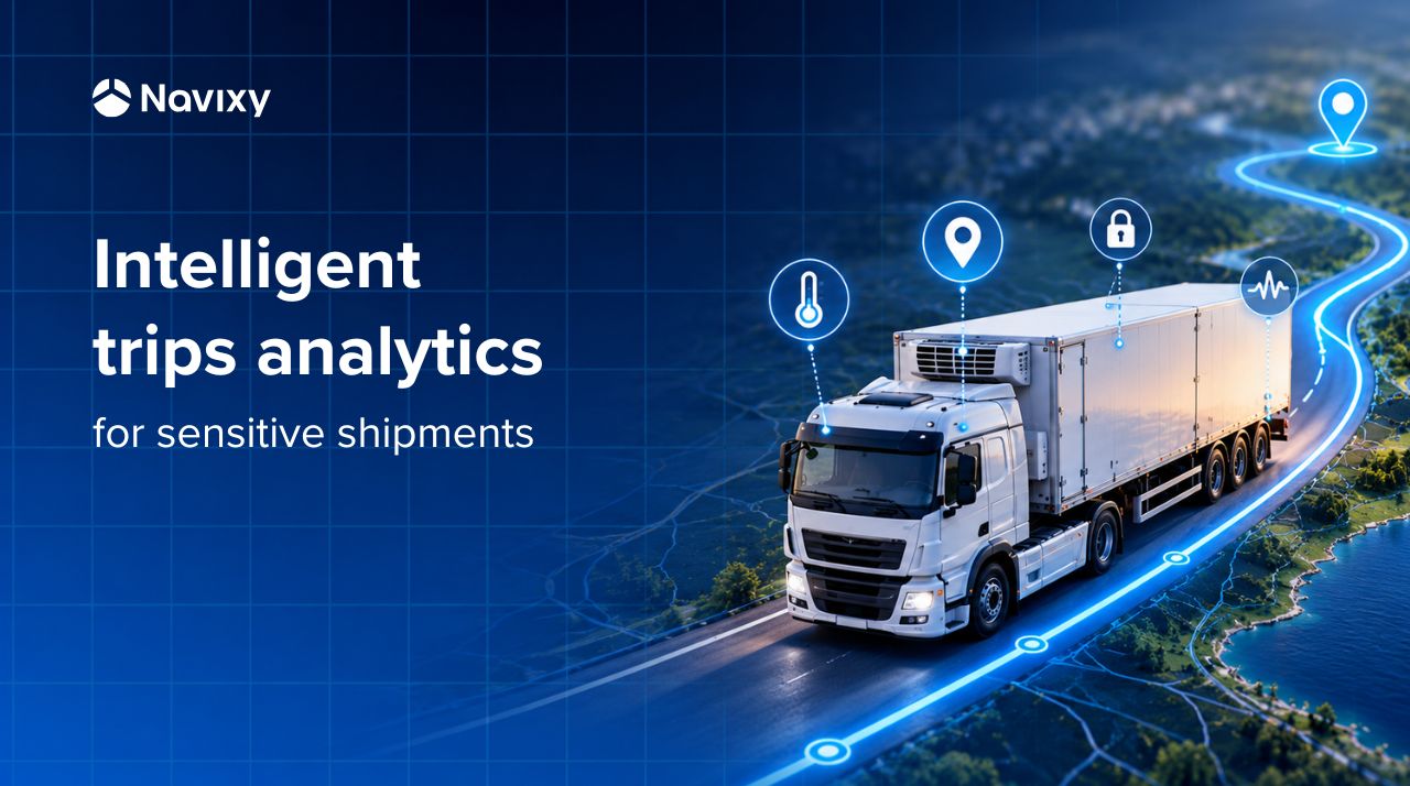 Navixy banner reading Intelligent trips analytics for sensitive shipments, showing a refrigerated truck on a highlighted route with temperature, location, security and telemetry icons.