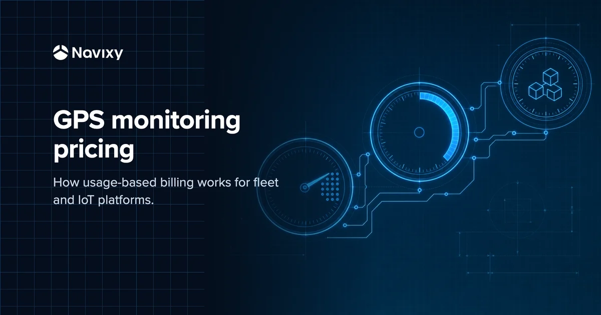 Dark Navixy composite showing three glowing meters on a blueprint grid, each tied to a different metric — tracked units, consumption volume, and combinable service modules — beside the headline "GPS monitoring pricing."