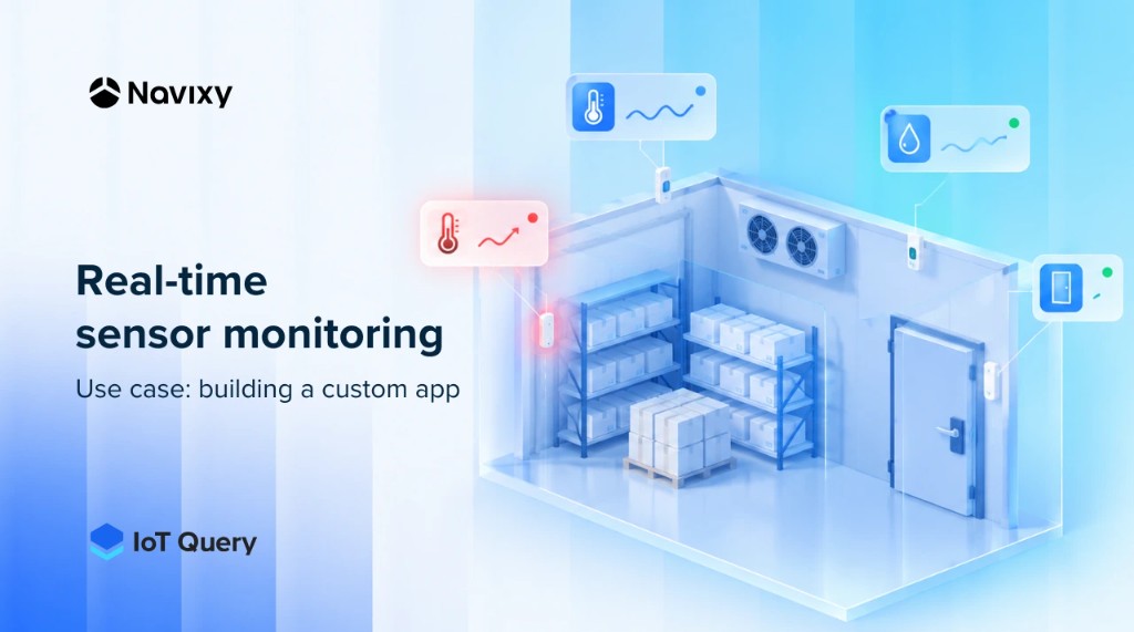 Isometric warehouse graphic for a real-time sensor monitoring use case, with temperature, humidity, and door-status callouts and the IoT Query mark.
